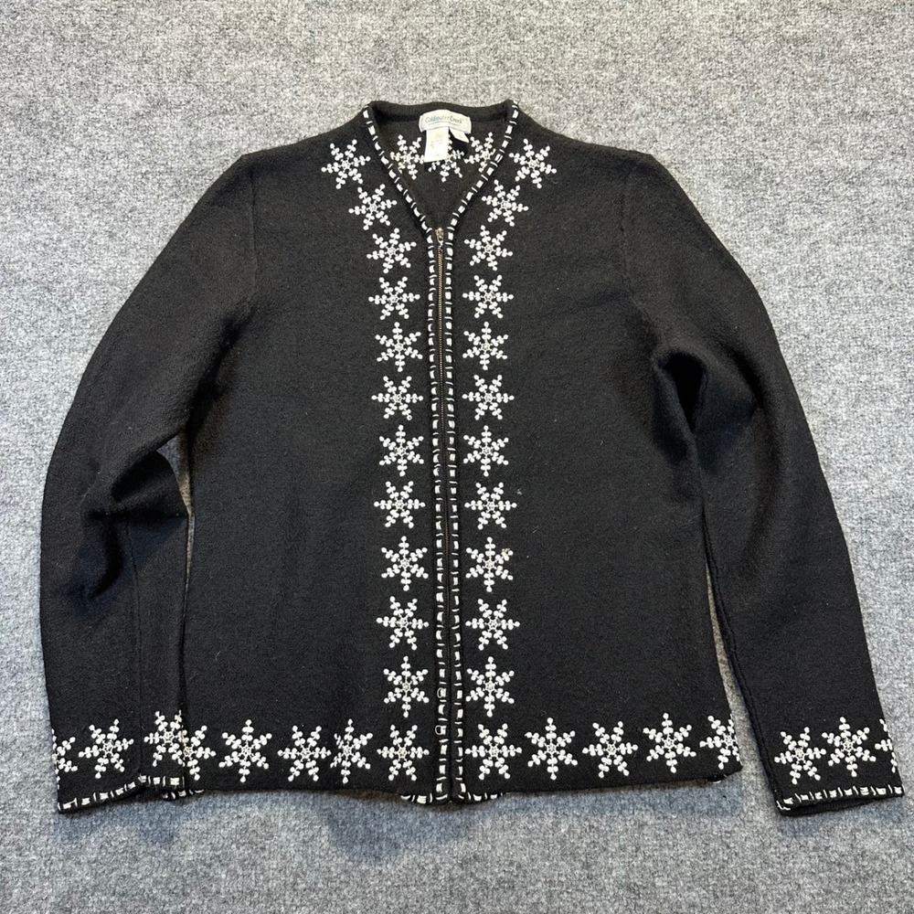Coldwater Creek Cardigan Women L Black 100% Wool Snowflake Sequin Winter Holiday